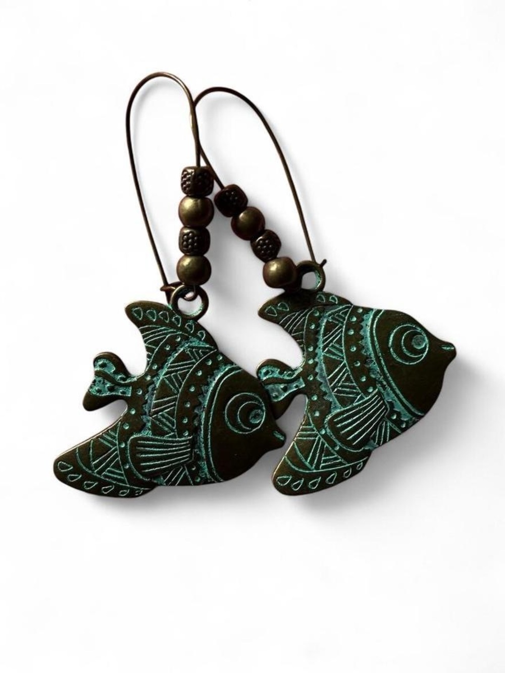 Handmade Verdigris Boho Fish Charm Statement Earrings